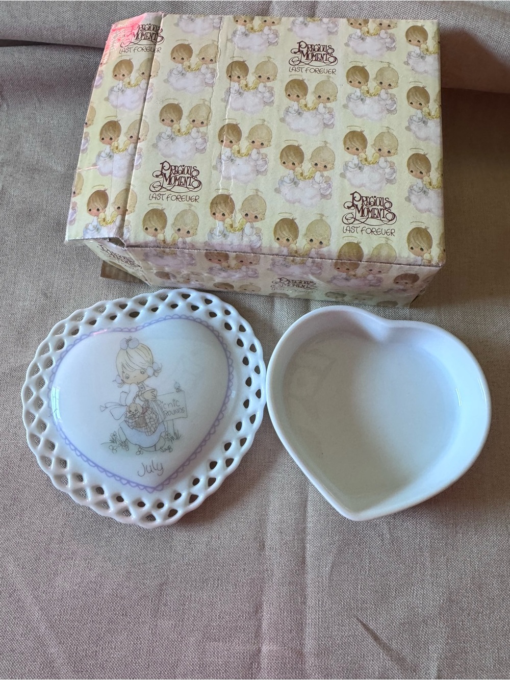 Precious Moments Heart Trinket Dish Set in White and Lavender